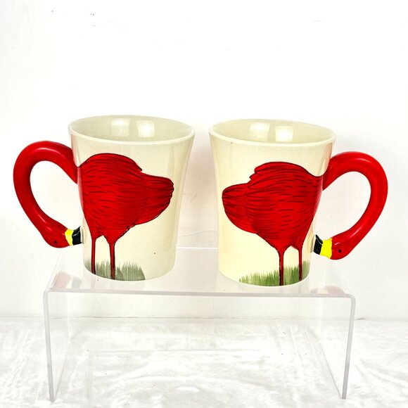 Set 2 Pier 1 Sculpted Fanni Flamingo 3D Red White Coffee Mug Tall 16 oz Hand Pai - Picture 6 of 12